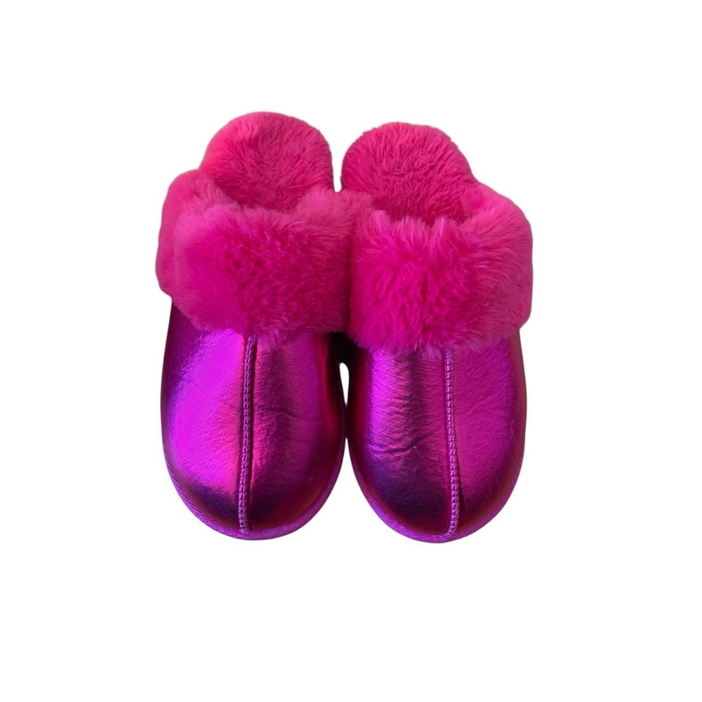 Wonder Nation Metallic‎ Pink Girls Slippers Sz 2-3 Faux Fur Scuff Memory Foam